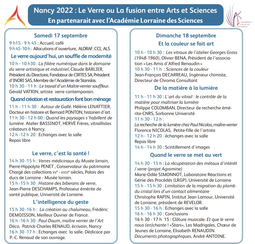 Programme des journées NANCY 2022 : Le verre ou la fusion entre Arts et Sciences Programme des journées NANCY 2022 : Le verre ou la fusion entre Arts et Sciences